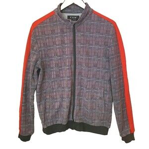 FXN Los Angeles Jacket Mens M Plaid Full Zip Red Stripe Gray Medium Track Casual